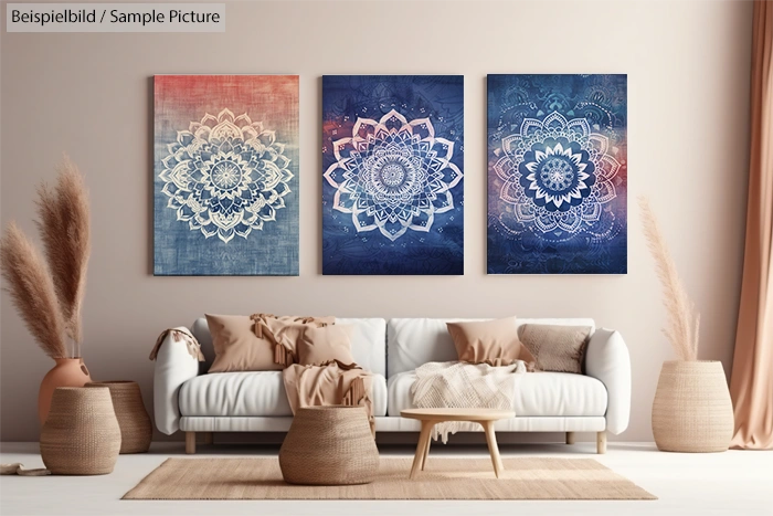 Living room with white sofa, three mandala canvases on wall, and wicker baskets with pampas grass.