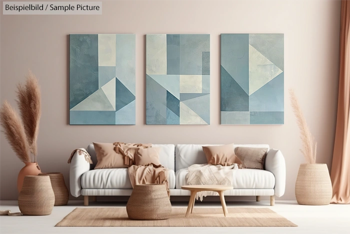 Scandinavian living room with geometric art, beige sofa, and wicker baskets against a neutral wall.