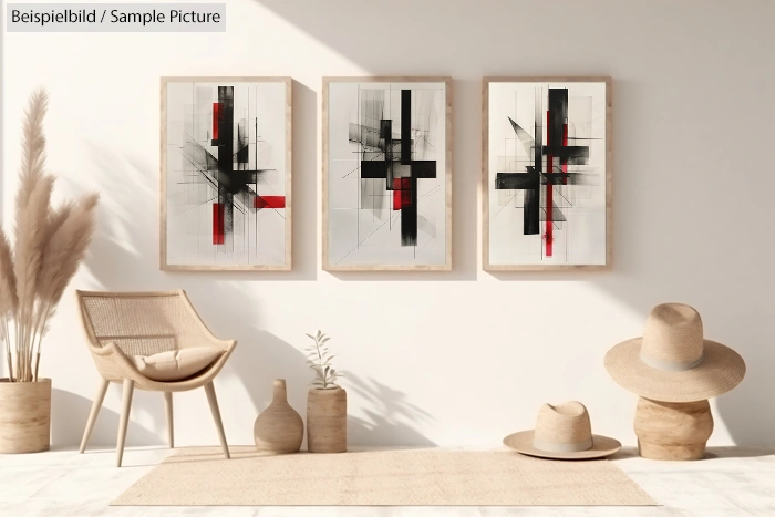 Modern interior with abstract black and red art, chairs, hats, and decorative plants on a neutral wall.