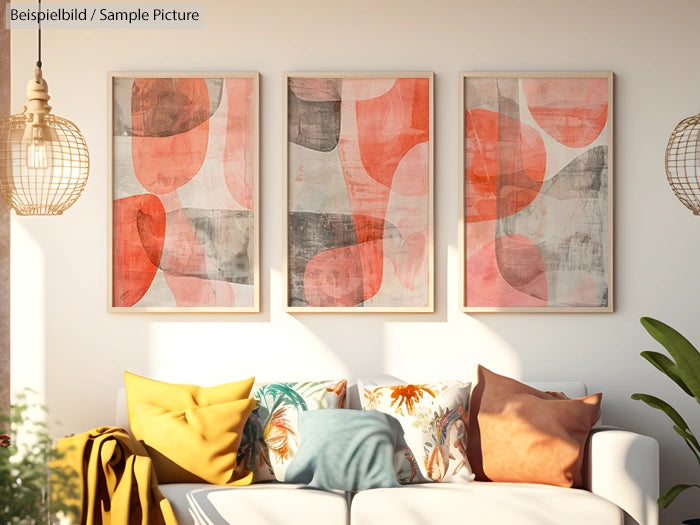 Bright living room with abstract art and colorful cushions on a white sofa, illuminated by warm hanging lamps.