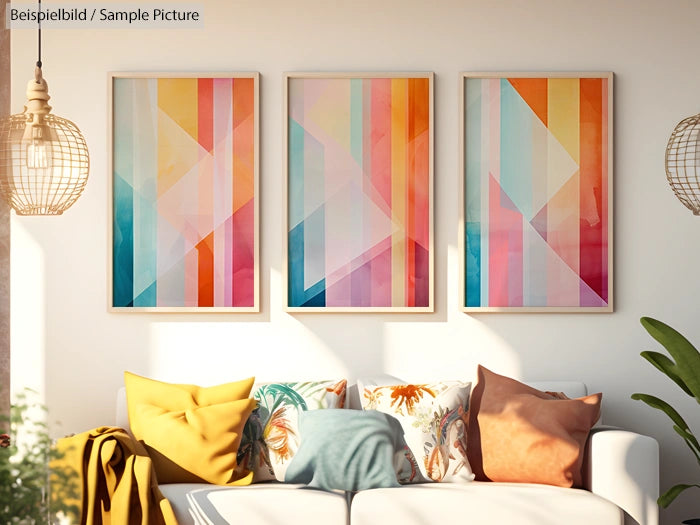 Living room with a beige sofa, colorful geometric art on the wall, and bright cushions in a sunlit space.