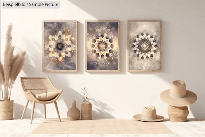 Minimalist room with abstract mandala art, straw hat decor, and pampas grass.