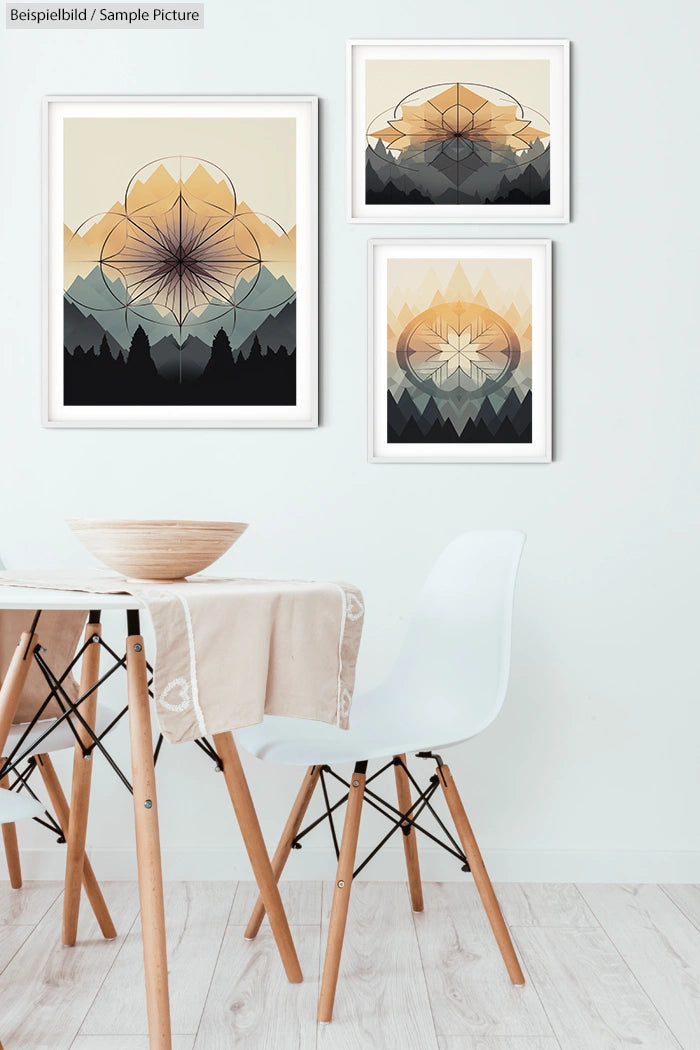 Minimalist dining area with white chairs, wooden table, and abstract geometric art on light-colored wall.