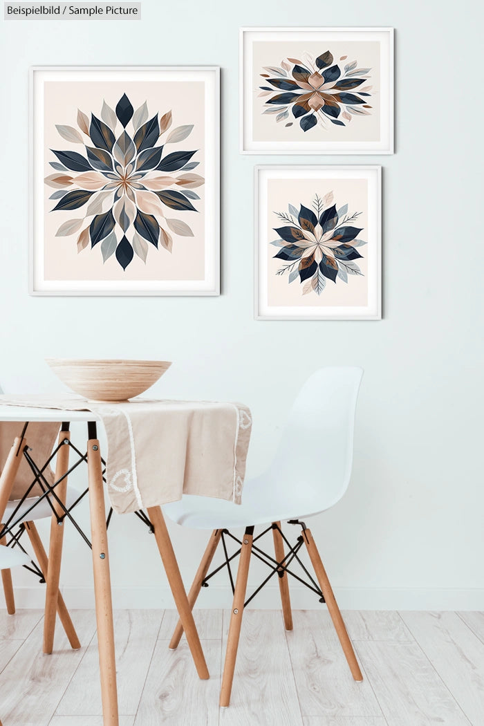 Minimalist dining area with wooden chairs and abstract leaf art on white wall.