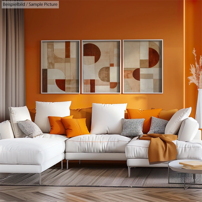 Modern living room with white sectional sofa, orange accents, abstract art, and orange walls.