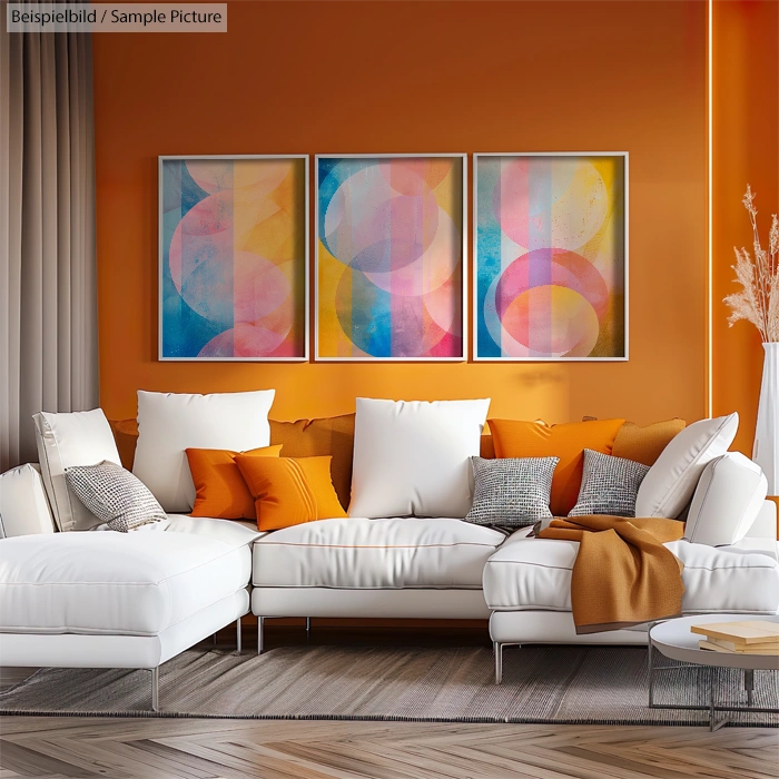 Modern living room with orange walls, white sectional sofa, and abstract art paintings.