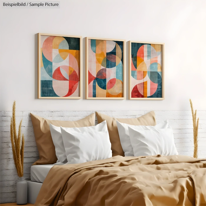 Bedroom with tan bedding and three colorful abstract art pieces above the bed on a light wall.