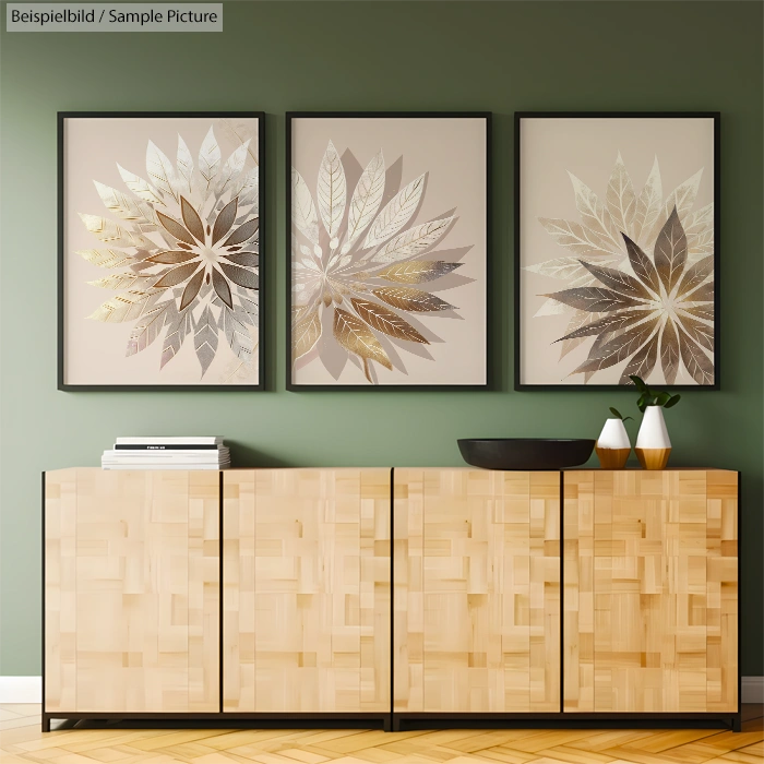 Modern living room with wooden cabinets and leaf-patterned wall art.