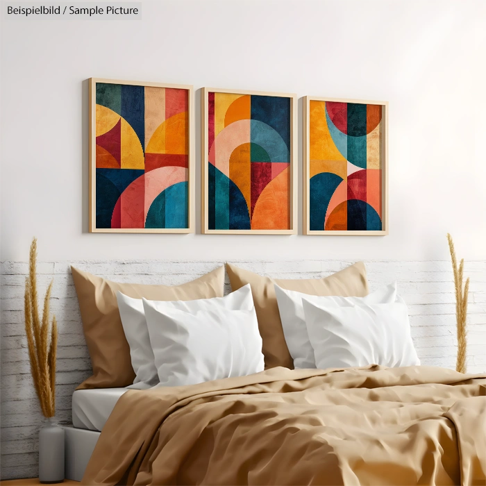 Modern bedroom with a double bed, colorful abstract art on the wall, white and beige linens, and beige throw pillows.