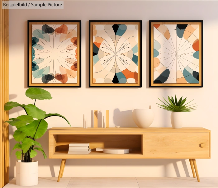 Modern living room with abstract art, wooden console, and potted plants in bright natural light.