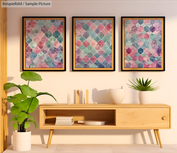 Colorful abstract paintings above a modern wooden console table with plants and books in a bright room.