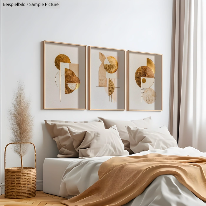 Minimalist bedroom with abstract gold circle art, beige bedding, and vase with pampas grass.