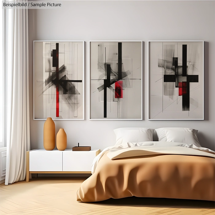 Bedroom with abstract art on wall, featuring three black, grey, and red paintings; beige blankets and vases.