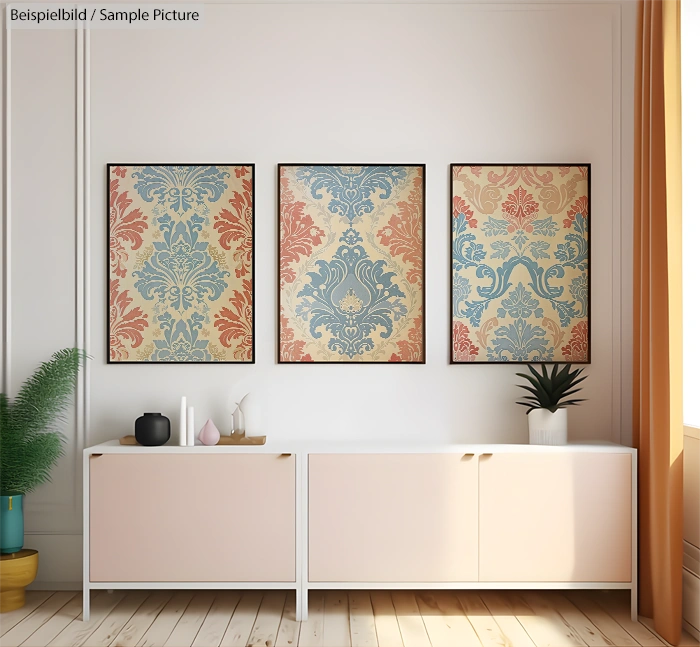 Room with three framed damask-patterned artworks above a cabinet, featuring decorative items and a potted plant.