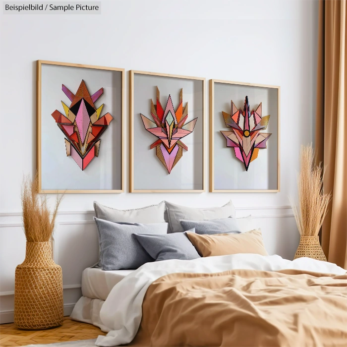 Bedroom with modern decor, featuring a bed with mixed gray and beige pillows, and three geometric art pieces on the wall.