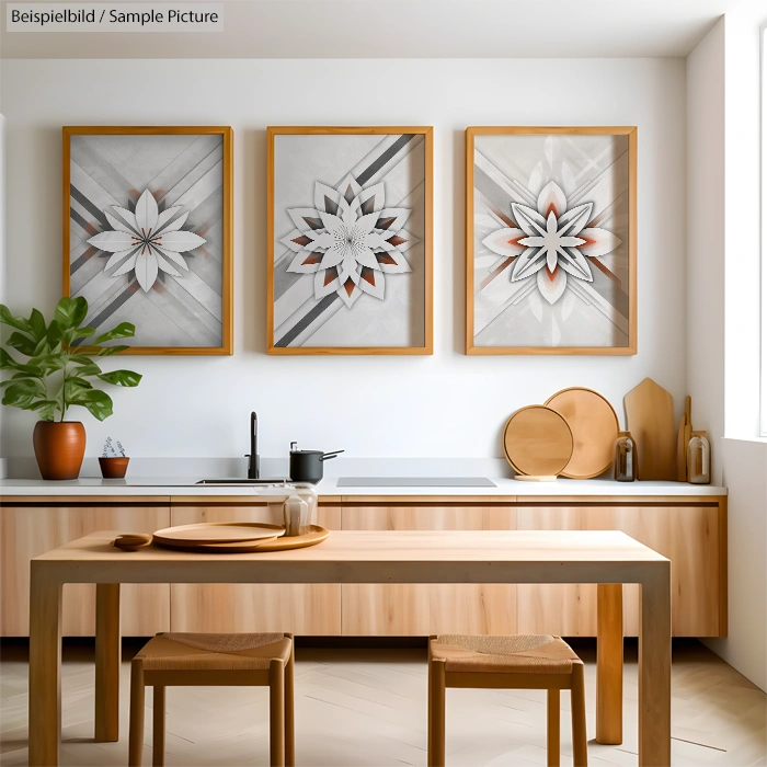 Modern kitchen with wooden furniture, decorative wall art, and potted plant. Light, airy, and minimalist design.