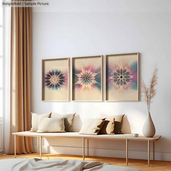 Bright living room with soft beige sofa, cozy cushions, and floral artwork on the wall. Warm light filters through curtains.