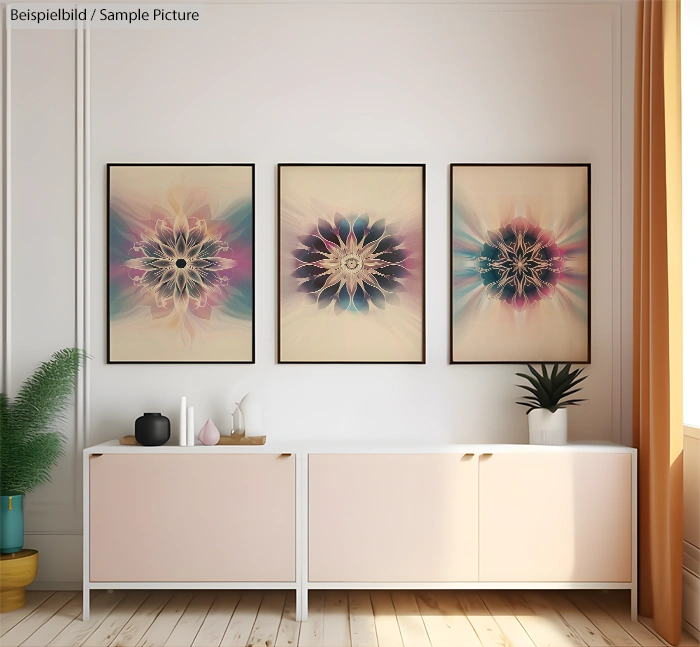 Minimalist living room with art, featuring three colorful abstract flower paintings above a white cabinet.