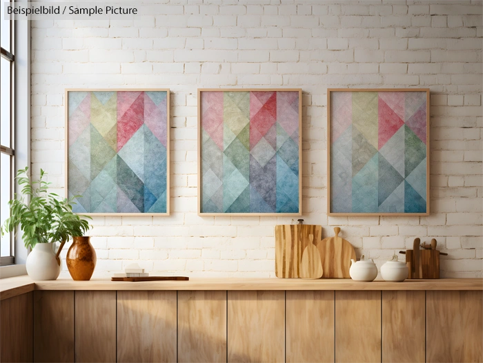 Contemporary kitchen with geometric art, potted plant, and wooden cutting boards on a neutral counter.