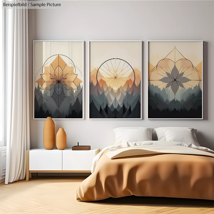 Modern bedroom with abstract geometric art panels above bed and decorative vases on a side table.