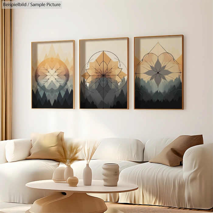 Stylish living room with a white sofa, geometric art triptych, and minimalist decor.