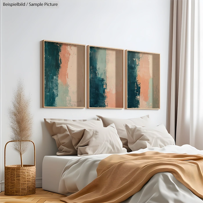 Minimalist bedroom with abstract paintings, neutral bedding, and a wicker basket with pampas grass.