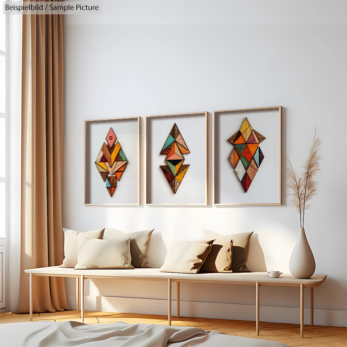 Modern living room with light beige sofa, three abstract geometric art pieces on wall, and tall decorative grass vase.