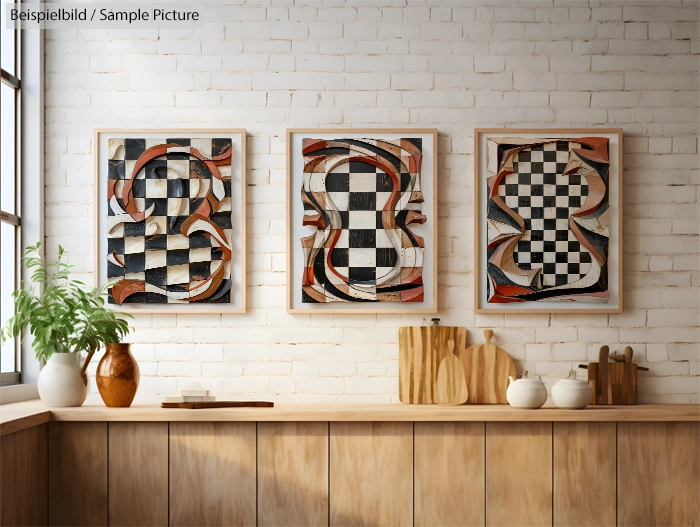 Three abstract checkerboard paintings on a white brick wall above a wooden kitchen counter with plants and cutting boards.