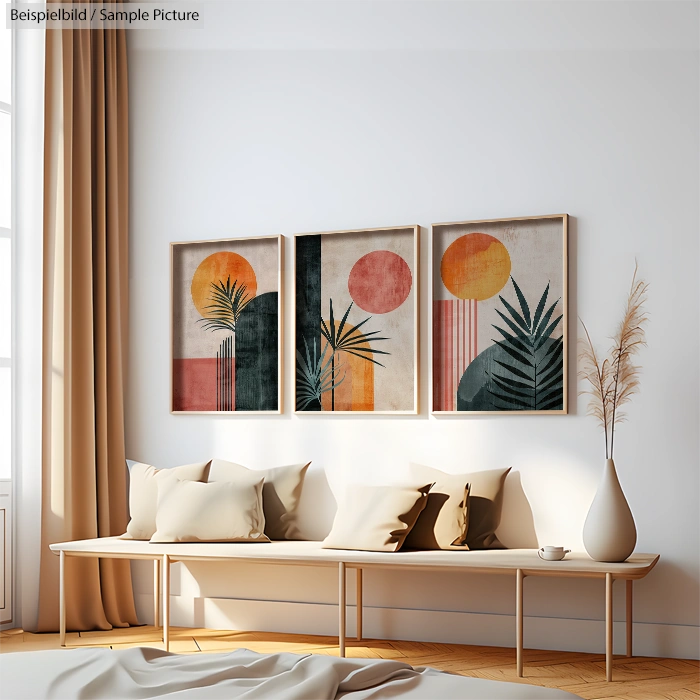 Minimalist living room with abstract plant art and wooden bench, beige cushions, and large window with natural light.