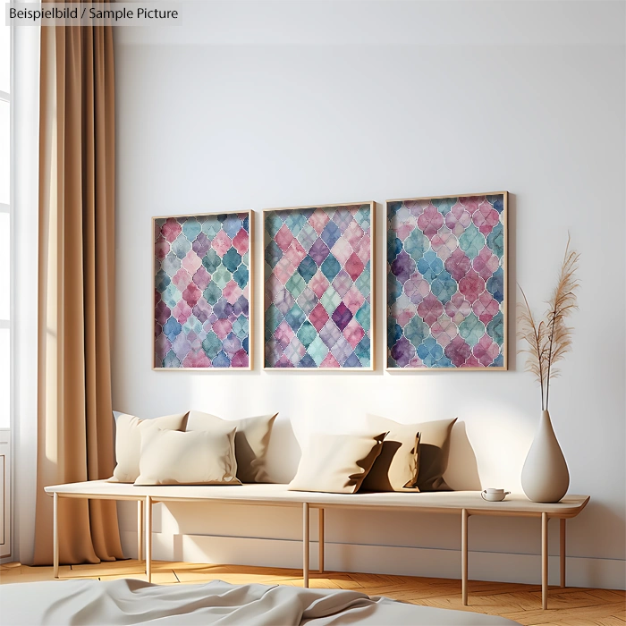 Room with beige sofa, light curtains, and three framed geometric pattern artworks on the wall.