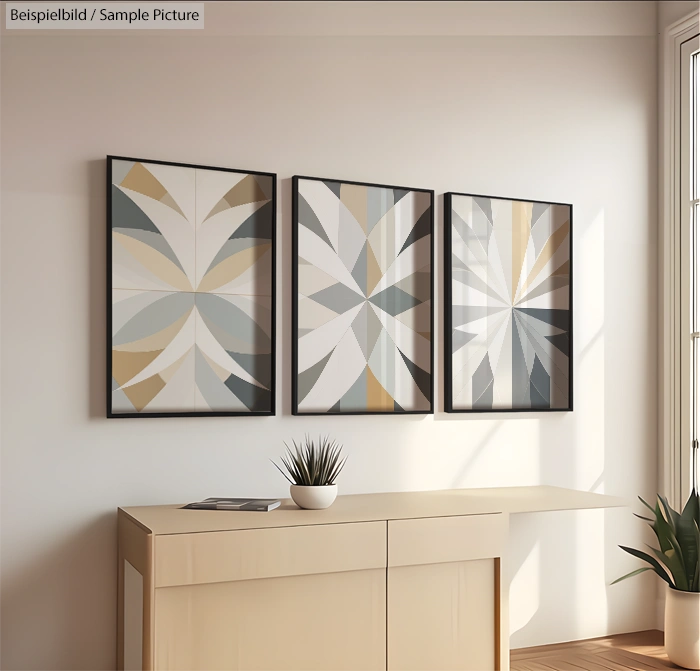 Three geometric abstract paintings with earthy tones on a white wall above a beige console table with a small plant.