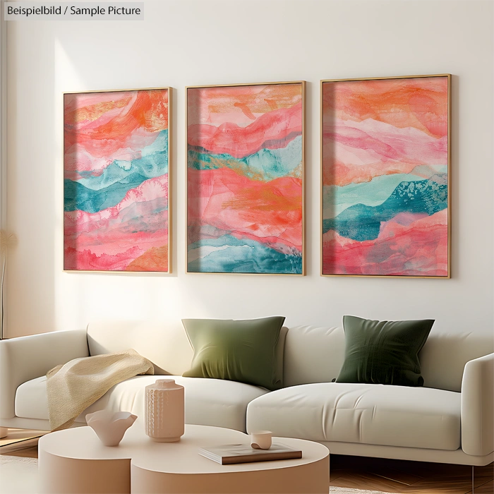 Living room with three abstract paintings in warm colors, white couch, green pillows, and natural light.