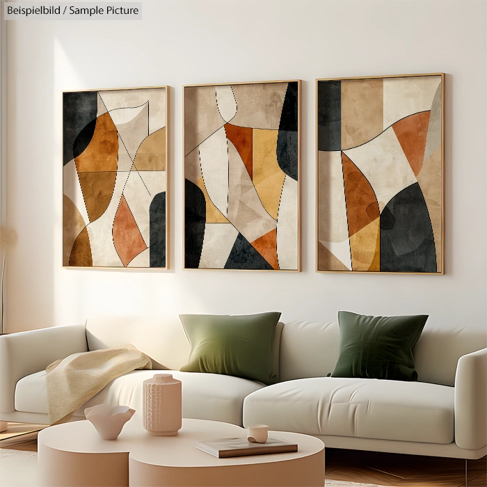 Modern living room with abstract geometric art triptych on wall, white sofa, green cushions, and minimalist decor.