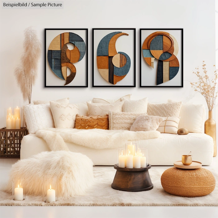 Modern living room with white sofa, abstract art, cozy pillows, fluffy rug, and lit candles on wooden table.