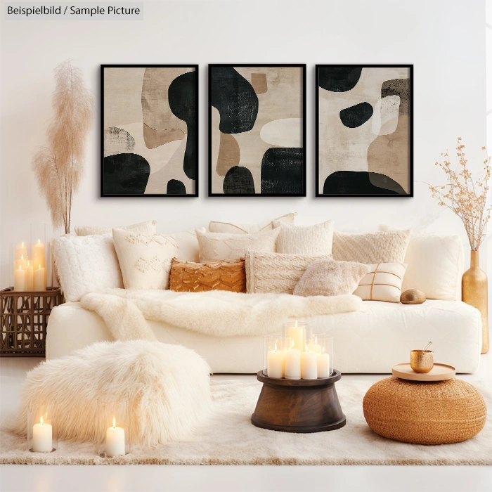 Cozy living room with abstract art, beige sofa, and candles creating a warm, inviting atmosphere.