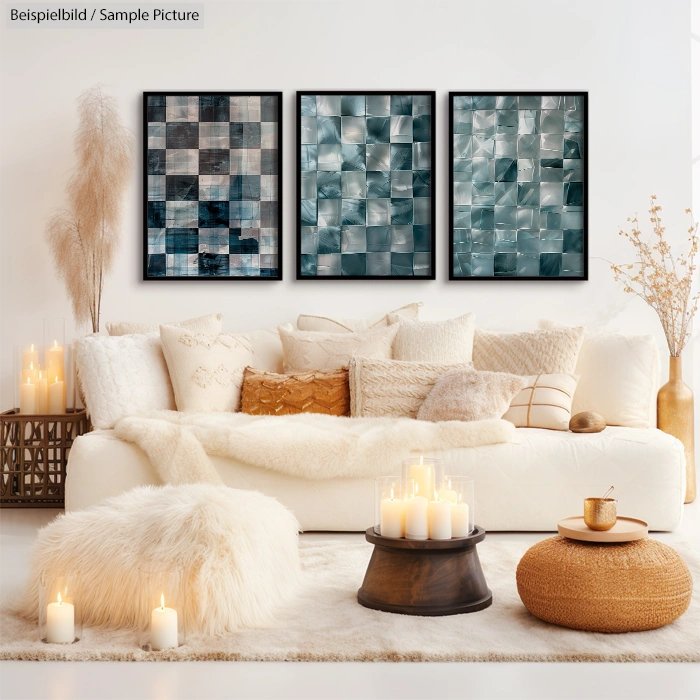 Cozy living room with a white sofa, candles, and three abstract paintings in blue tones on the wall.