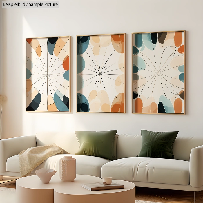 Modern living room with abstract art triptych, light sofa, green cushions, and coffee table with decor items.