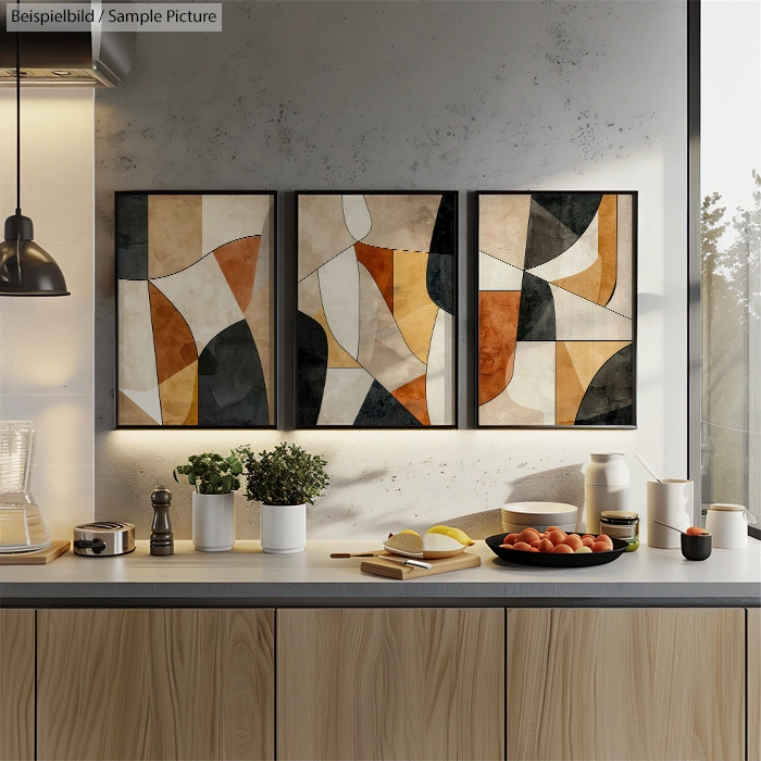 Modern kitchen with abstract geometric art, light wood cabinets, and assorted kitchenware on the countertop.