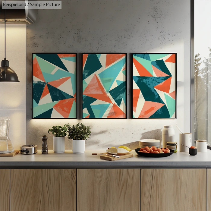 Modern kitchen with geometric art triptych on wall, wooden cabinets, countertop with plants, bowls, and kitchen tools.