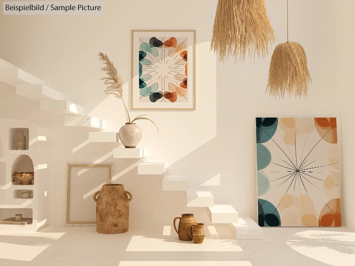 Sunlit minimalist interior with abstract art, terracotta pots, and natural textures creating a warm and inviting atmosphere.