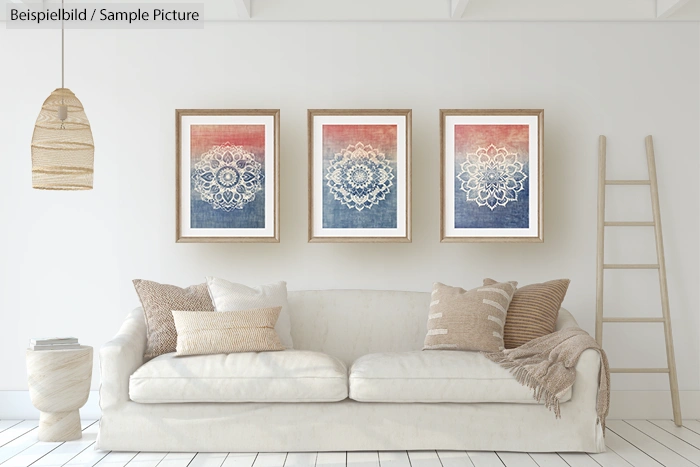 Cozy living room with beige sofa, three mandala art prints on wall, woven pendant light, and decorative ladder.