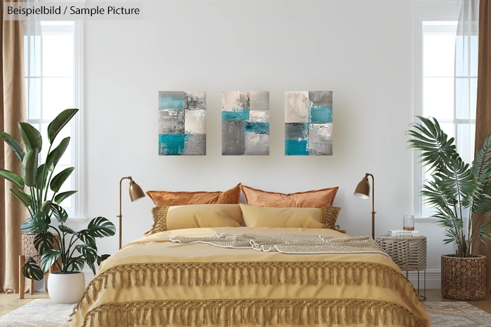 Cozy bedroom with golden bedspread, abstract artwork on wall, and potted plants by windows.