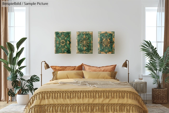 Stylish bedroom with green art above bed, gold bedding, plants, and two lamps beside a window.