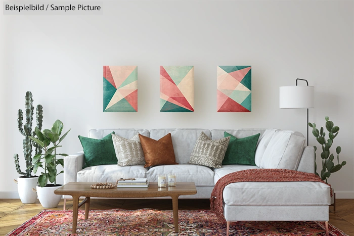 Modern living room with a white sofa, green and brown pillows, abstract wall art, and plants in the background.