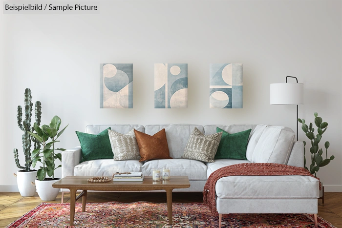 Modern living room with white sofa, colorful pillows, abstract art, cactus plants, and wooden coffee table on rug.