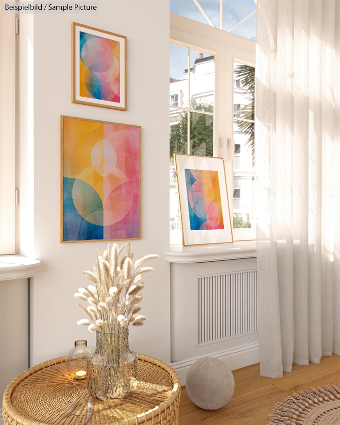 Cozy interior with abstract colorful art on walls, wicker basket with dried flowers, sheer curtains, and sunlight.