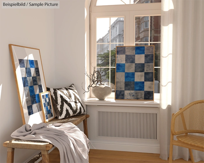 Sunlit room with abstract blue and white checkerboard paintings on frames, near a wooden armchair with a patterned pillow.