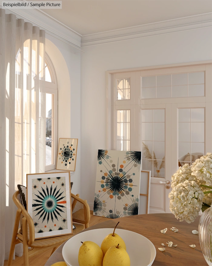 Modern interior with abstract art, pears on a table, and large window with curtains.