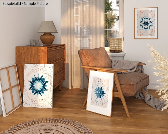 Cozy living room with brown chair, wooden dresser, and floral artwork on walls and floor. Soft lighting and decor.