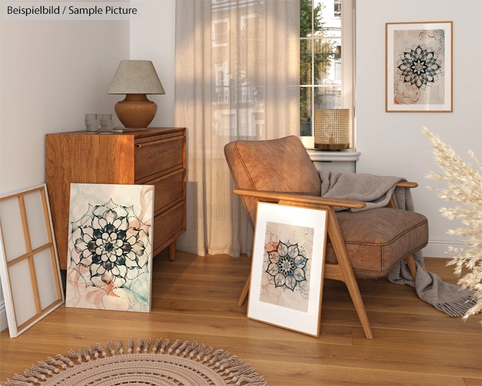 Cozy living room with a leather chair, wooden dresser, and floral art prints on the wall and floor.